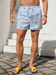 VIVINTIMO 男士抽绳腰部内置内衬轻质四向拉伸锚印花泳裤，适合从健身房到街头、冲浪后聚会、海滩度假，蓝白相间的梭织面料无弹力内衬沙滩短裤，夏威夷风情 - 藍白色 - 查看 3