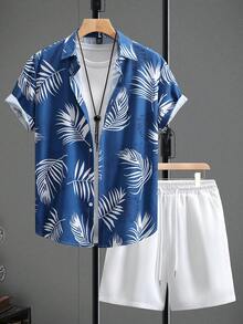 Manfinity RSRT 2pcs Men's Short Sleeve Front Button Casual Loose Fit Printed Set Tropical Vacation Outfits Men Blue Tropical Men Men's Hawaiian Shirt Men Cancun Outfit Men's Hawaii Outfit Old Money,Daily Leisure, Weekend Trips, Outdoor Activities, Travel Expeditions, Relaxed Work Environments Or Semi-Formal Occasions, Boyfriend/Husband Gift, Anniversary /Birthday Gift Party Summer Vacation Holiday,Beach Clothes Hawaiian Wedding,Spring To Summer - Multicolor - View 7