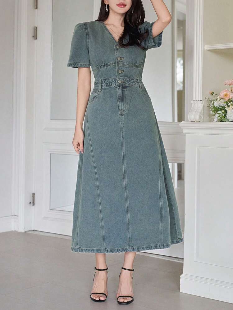 Women's Casual Washed Puff Sleeve Denim Dress, Summer,Wedding Guest Dress Women Maxi Dress