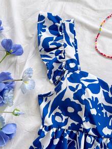 Soleia A字型短袖女式衬衫，图案精美，适合度假、音乐节、波西米亚风、假日、下午茶等场合。 - 藍白色 - 查看 3