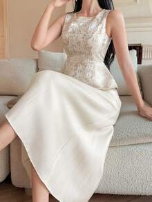 DAZY Women's Elegant Foil Print Round Neck Top And Skirt 2 Pieces Set, Summer - Beige - View 3