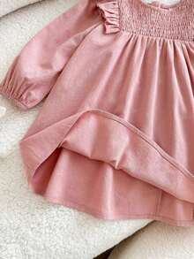 女婴宽松碎花长袖连衣裙，度假风 - 粉色 - 查看 3