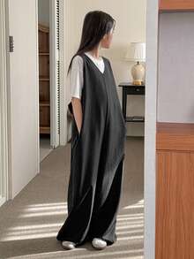 DAZY 少女简约宽松口袋连体裤，夏季 - 黑色 - 查看 2