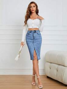 Selianne Chân váy ngắn denim xẻ tà thời trang dành cho nữ, thích hợp cho mùa hè. - Rửa trung bình - Xem 4