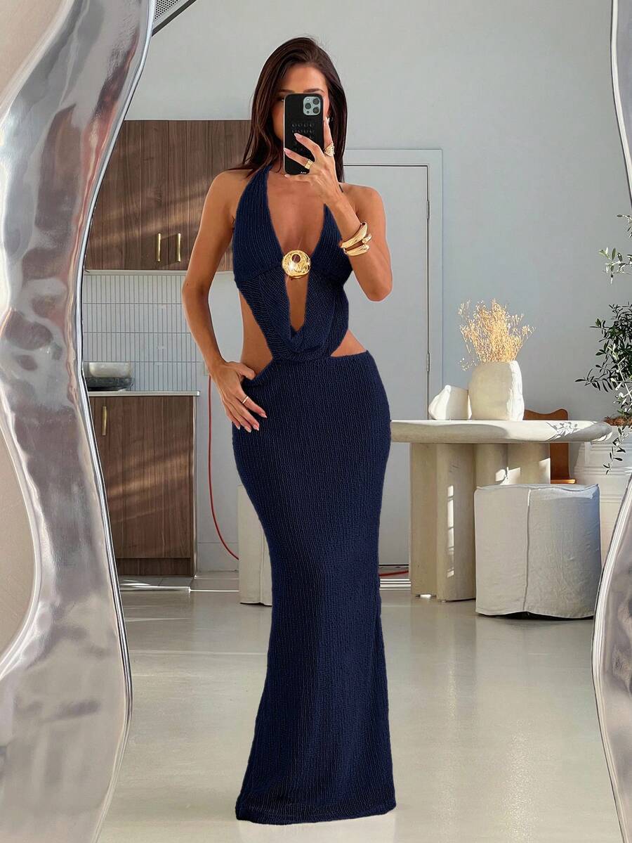Aloruh Women's Vacation Deep V Starfish Solid Color Beige Textured Halter Backless High Slit Dress - Navy Blue - View 1