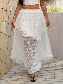 Rustia Falda elegante de encaje de estilo gótico oscuro de unicolor para tallas grandes - Blanco - Ver 3