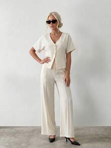 2pcs/Set V-Neck Short Sleeve Cardigan And Wide Leg Pants, Casual Pant Suit Summer Sets White Pants Suit - Apricot - View 2