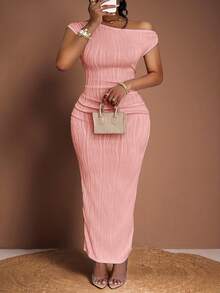 Veslaya 夏季新款优雅白色斜肩露肩前褶裥修身长裙连衣裙，波浪纹理针织面料，女士夏季连衣裙，春季服装 - 粉色 - 查看 2