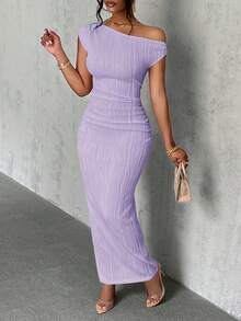 Veslaya 夏季新款优雅白色斜肩露肩前褶裥修身长裙连衣裙，波浪纹理针织面料，女士夏季连衣裙，薰衣草色紧身连衣裙，女士罗纹连衣裙，长款修身连衣裙，紫色褶皱连衣裙，露肩中长连衣裙 - 紫色 - 查看 9