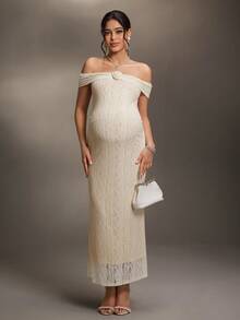 Cheriluna Maternity 孕妇3D立体花卉装饰露肩蕾丝修身写真连衣裙 - 杏色 - 查看 5