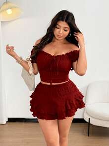 Flirla 大码性感露肩外出上衣和短裤两件套，蝴蝶结装饰，休闲海滩度假装 - 酒紅色 - 查看 1