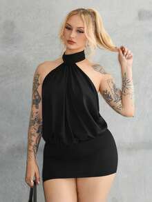 Arliah High Neck Backless Ruffle Mini Bodycon Dress - Black - View 5