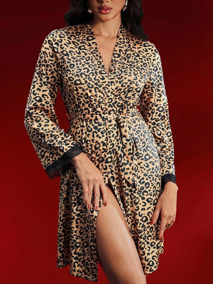 SHEIN 女士优雅豹纹蕾丝边长袍 - 薑色 - 查看 1