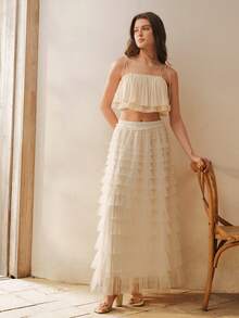 MOTF PREMIUM 多层撞色网纱裙 - 白色 - 查看 6