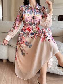 DAZY Đầm in họa tiết cho nữ, cổ ve lật, tay dài, cao cấp, thắt eo, đầm chiffon Pháp sang trọng, đầm dài nữ, đầm hè, đầm hoa cho nữ - Màu be - Xem 5