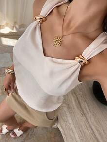 DAZY Women's Solid Color V-Neck Metal Button Elegant Vacation Summer Tank Top Cruise For Women Halter Top - Apricot - View 1