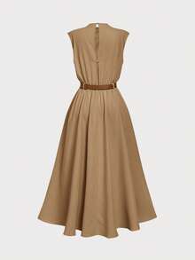 SHEIN Girlism 优雅卡其色纯色无袖连衣裙（含腰带），适合青少年女孩，返校季必备 - 卡其色 - 查看 6