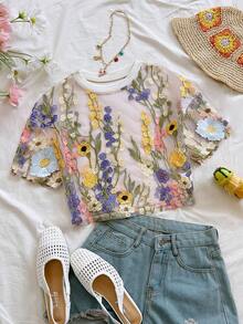 Soleia Summer Vacation Women Floral Embroidery Fashion Women Top - Multicolor - View 3