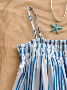 Soleia Women's Summer Vacation Beach Striped Ruffle Strap - Blue and White - View 3
