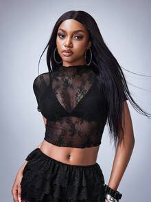 Y2Kool Casual Sexy Urban Chic Minimalist Y2K Fashionable Women Lace Mesh Short Sleeve Bodycon Top, Suitable For Vacation, Date, Party, Wedding, Valentine's Day, Daily, Music Festival, Work, Spring/Summer, For Women.Going Out,Sexy, Elegant,Civil Wedding,Wedding Guest, Music Festival, Musician, Night Club - Black - View 3