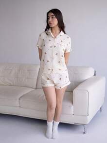 Andrea Bello 2 件套女士夏季睡衣套装，带泰迪熊印花，短袖纽扣衬衫和短裤，休闲家居服，两件套 - 杏色 - 查看 5