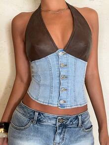 Aloruh Women's Light Blue Summer Rave Halter Denim Blouse,Fashion Contrast Color Patchwork Backless Top For Party,Cocktail,Vacation,Wedding Guest&Western - Blue - View 5