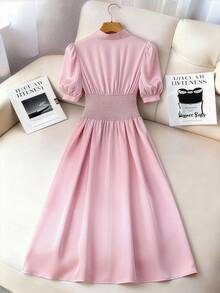 SHEIN Ladiora Women's Pink Satin Stand Collar Tie-Waist Petal Sleeve Ruched Pearls Embellished A-Line Dress, Elegant High-End Design For Commuting, Luxury Slim Fit Spring/Summer - Pink - View 2