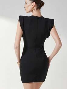 Aveloria Modichic Women's Elegant Summer Black Gold Hollow-Out Front Dress,Short Sleeve Exaggerated Shoulder Gold Shell Decor, Night Out Bodycon Party Mini Dress - Black - View 2