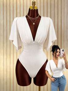 Elenzga New V-Neck Knitted Textured Bust Pleated Ruffle Sleeve Waist Cinched Elegant Bodysuit For Women - Apricot - View 3