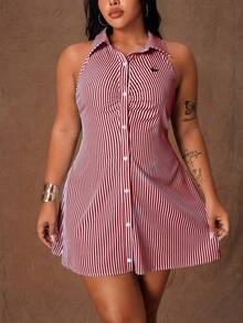 Rustia Đầm sơ mi không tay cài một hàng khuy dành cho nữ cỡ lớn, họa tiết hiệp sĩ kẻ sọc, kiểu dáng thường ngày. - Đỏ - Xem 1