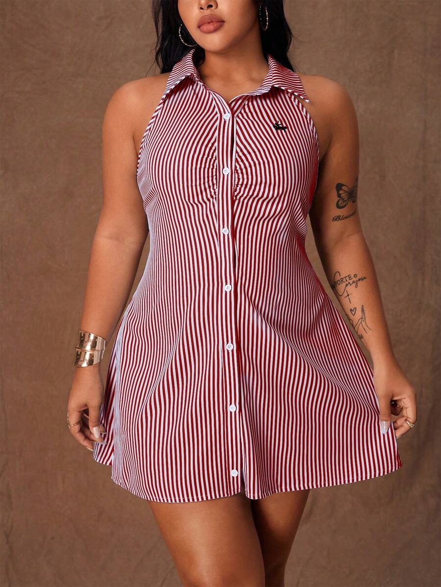 Rustia Vestido casual de camisa de mujer talla grande con estampado de caballero a rayas y sin mangas - Rojo - Ver 1