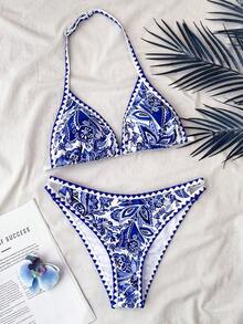 SHEIN 少女全印花挂脖比基尼套装，适合度假休闲 - 藍色 - 查看 8