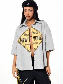 SUMWON WOMEN Oversized Check Plaid Button Front Collared Boxy Shirt With New York Diamond Print Graphic Long Sleeve Casual Spring Fall - Blue - View 1