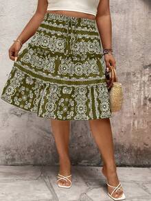 EMERY ROSE Váy xếp ly đa năng, kiểu dáng thường ngày, cỡ lớn, phối ren, dây thừng màu tương phản, thích hợp cho kỳ nghỉ lễ. - xanh quân đội - Xem 5