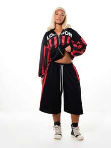 SUMWON WOMEN 宽松版型女式超大号连帽衫，红黑竖条纹，全拉链设计，休闲舒适，适合秋冬街头穿着。 - 彩色 - 查看 3