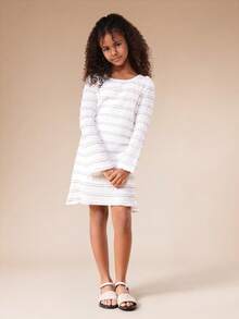 SUMWON Tiered Textured Long Sleeve Mini Dress With Back Keyhole Cutout For Tween Girls Fall Winter Occasions Casual - White - View 1