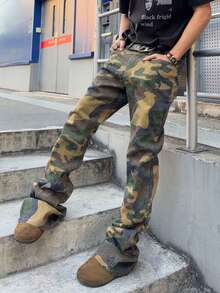 Men's Casual Slant Pocket Camouflage Layered Denim Jeans - Army Green - View 6
