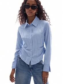 Ciel Poise Women's Blue And White Stripe Blouses,Autumn Chic City Break Slim Fit Waist Ruched Vertical Stripes Pointed Collar Curved Hem Urban Commute Blouse - Baby Blue - View 8