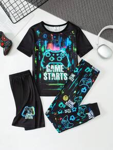 3 Stück/Set Jungen süßer Video-Spiel leuchtender Muster Eng anliegendes Kurzarm T-Shirt + Shorts + Lange Hose Pyjama Set - Schwarz - Übersicht 6