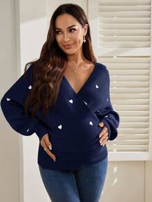 SHEIN Maternity Colorblock Heart Print V-Neck Long Sleeve Sweater - Navy Blue - View 7