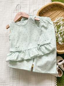 Vintaside Kids 2pcs/Set Baby Girl Casual Cute Bow Sleeveless Top And Pants Set - Green - View 2