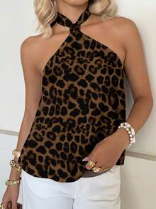 SHEIN EZwear Áo thun nữ dáng rộng thoải mái, cổ điển, thanh lịch, đa năng, họa tiết da báo, thích hợp cho mùa hè và du lịch. - Nhiều màu - Xem 6