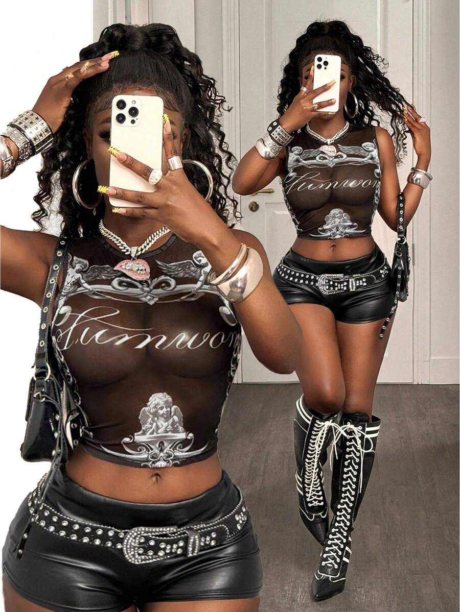 BamGleam Áo tank top nữ mùa hè mới, phong cách vintage, gợi cảm, chất liệu lưới xuyên thấu, thiết kế in họa tiết nghệ thuật. - Nhiều màu - Xem 1