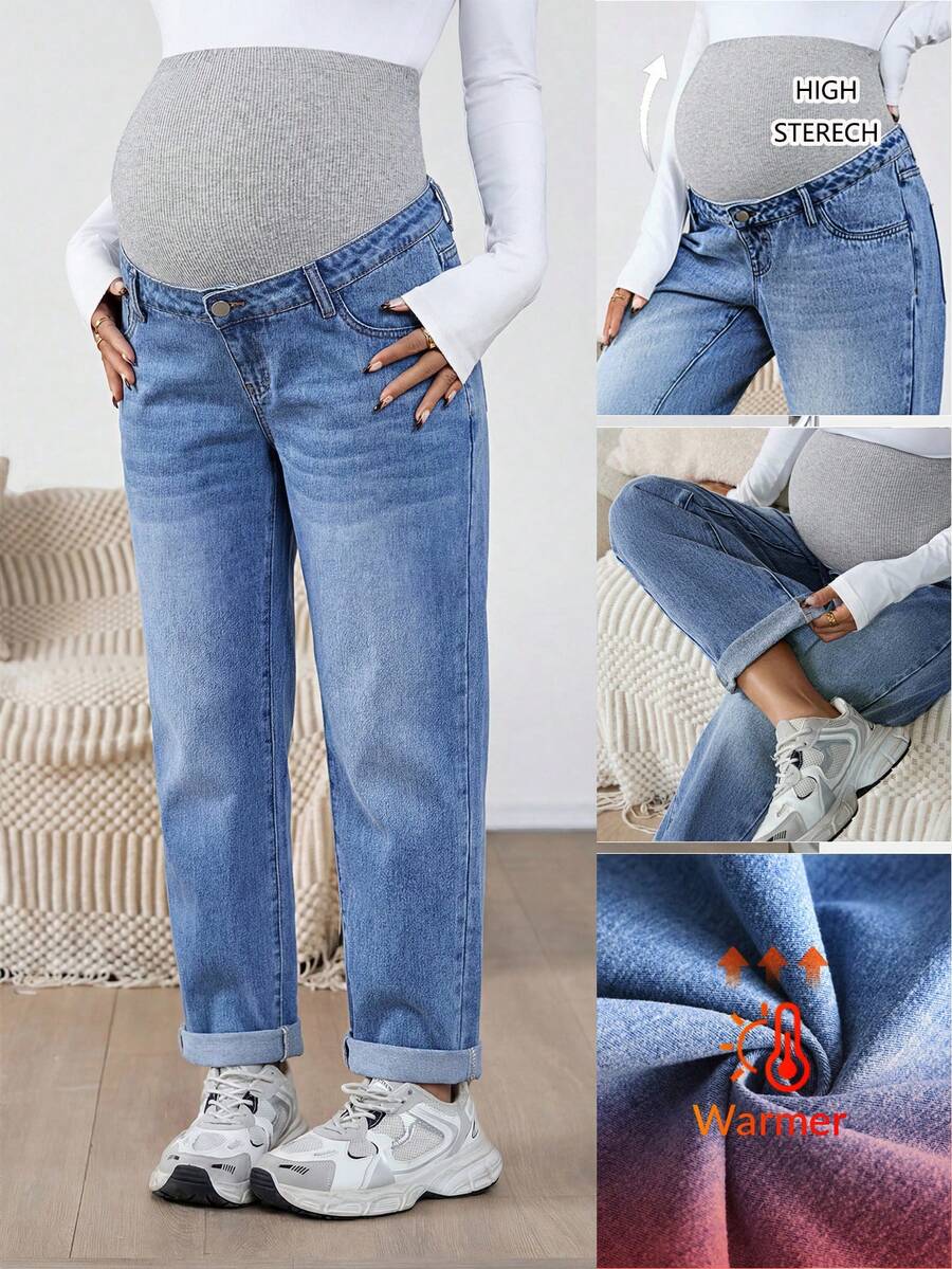 SHEIN Maternity Cuffed Light Blue Casual Fall Autumn Winter Halloween Christmas New Year Thanksgiving Versatile Jeans With Belt Loops Maternity Jeans Y2k Cute Party Streetwear Techno Outfit Birthday Outfit Airport Outfit Mom Jeans Low Rise Women Baggy Jeans Thermal Lined Jeans - Medium Wash - View 1