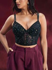 EmpressEnvy 大码黑色水钻装饰无钢圈文胸 - 黑色 - 查看 1