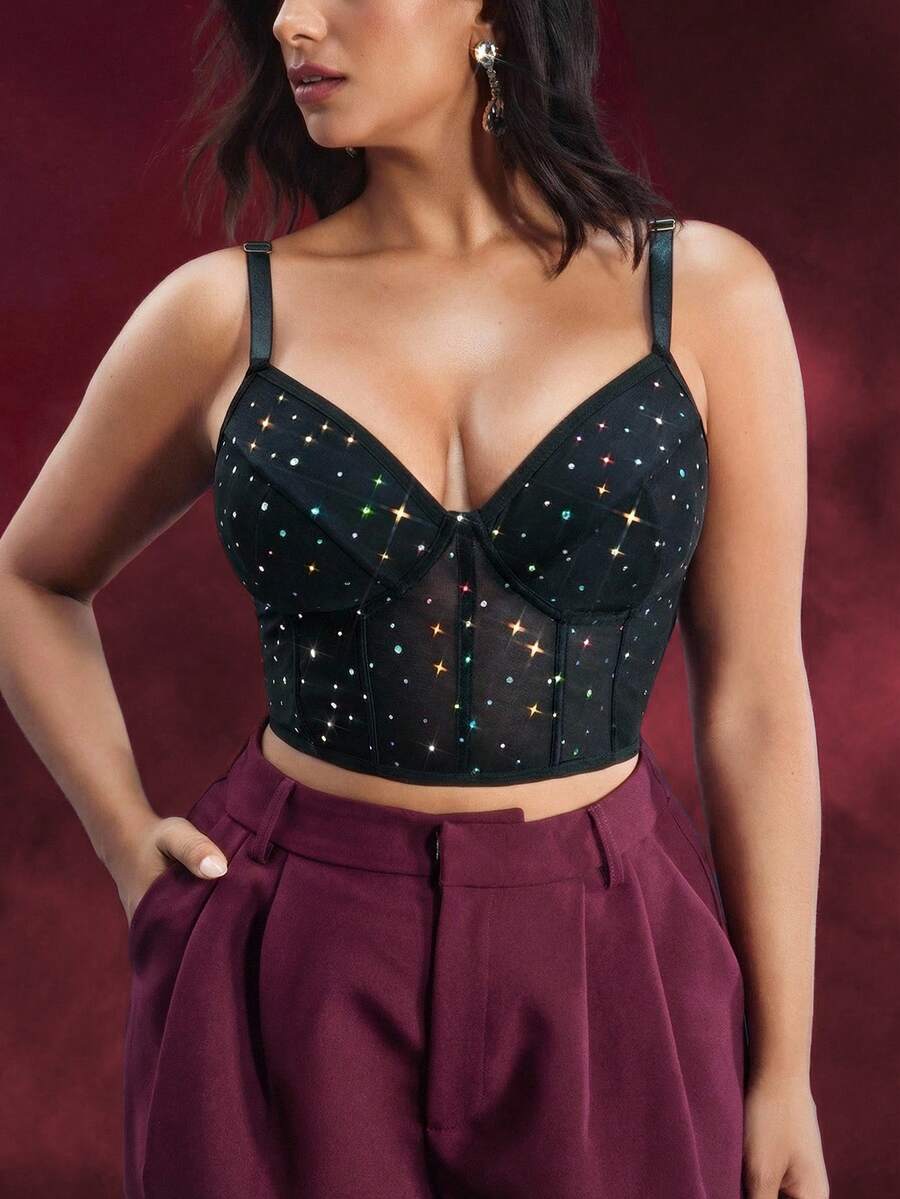 EmpressEnvy 大码黑色水钻装饰无钢圈文胸 - 黑色 - 查看 1