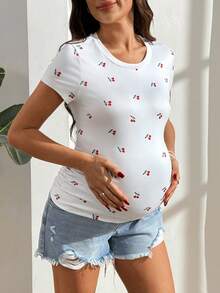 SHEIN Maternity Round Neck Cherry Print Fitted Short Sleeve T-Shirt - White - View 3