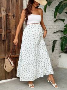 SHEIN Maternity Summer Casual Flowy White Blue Floral Midi Skirt,Holiday Baby Shower Elastic Waist Extra-Wide Gathered Long Skirts For Pregnant Women - Blue and White - View 8