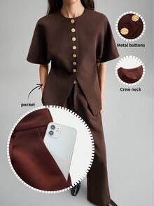 Ontre 2026春夏女士高端棕色舒适柔软宽版圆领七分袖宽袖口不对称金属纽扣装饰前开衩腰部修身西装外套和直筒修身西装裤，现代都市休闲商务办公装，低调复古优雅高端通勤机场简约舒适四季百搭女士西装套装 - 棕色 - 查看 2