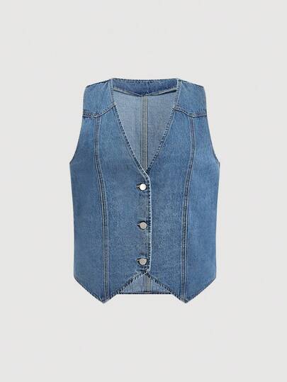 Sweetra Plus Size Women Casual Denim Vest, V-Neck Sleeveless Jacket